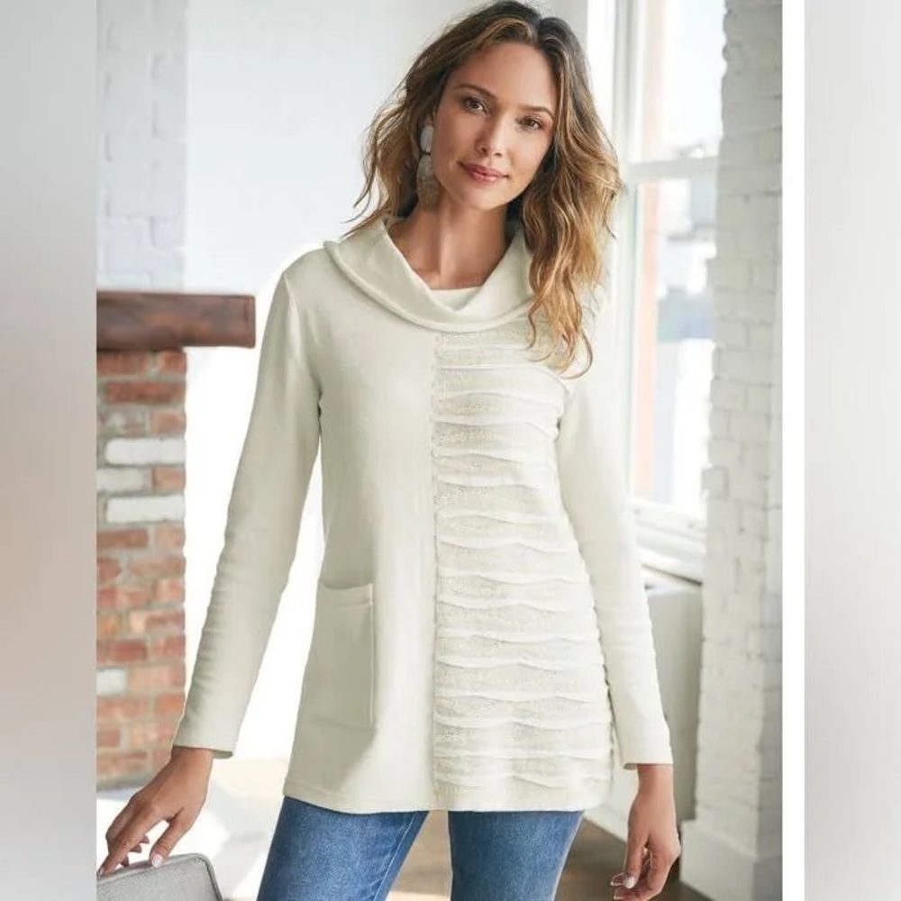 Soft Surroundings Women’s Ivory Sabal Textured Cowl Neck Sweater‎ Size XL